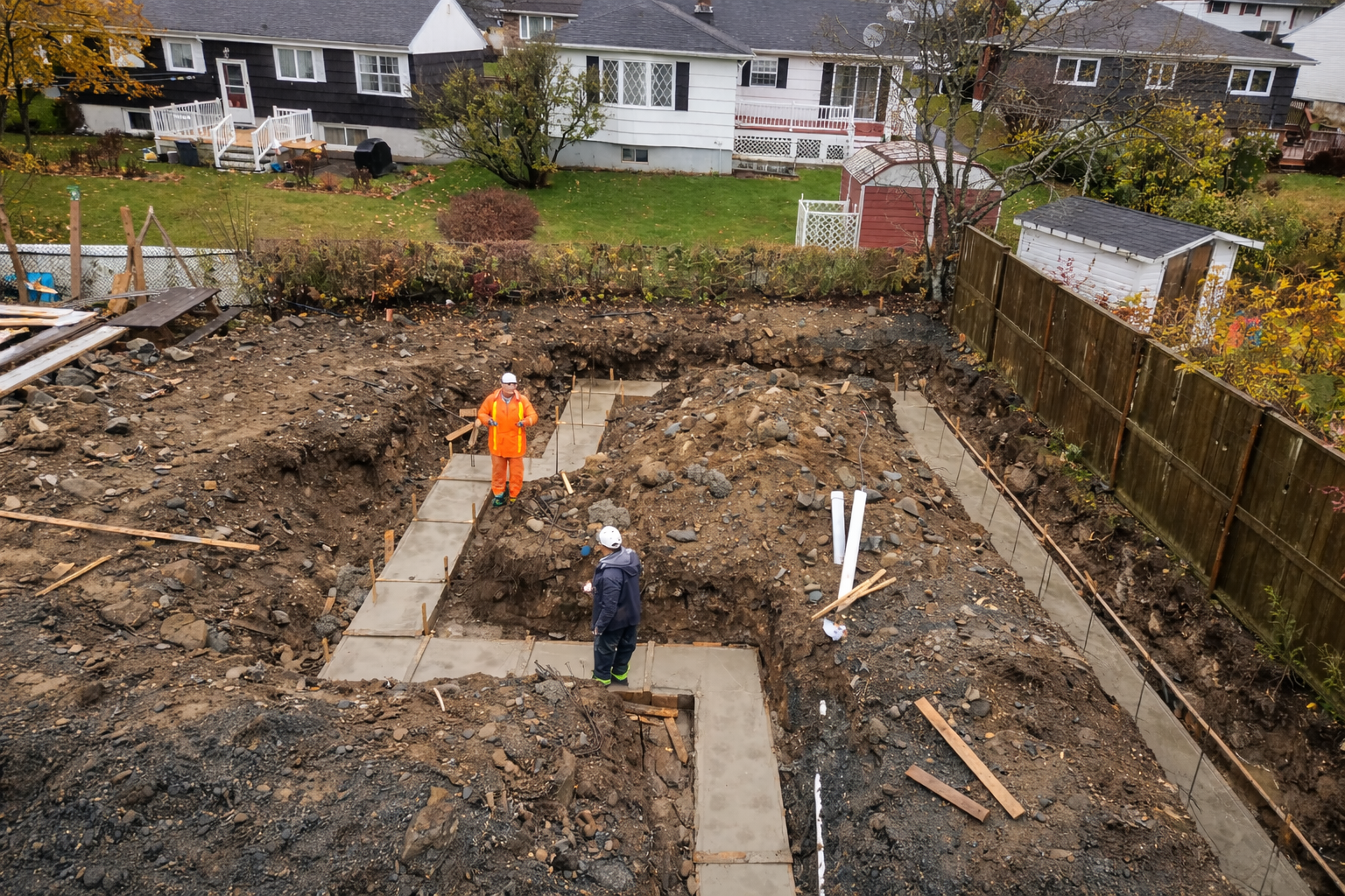 Garden Born Homes crew pouring foundation footings in an HRM backyard