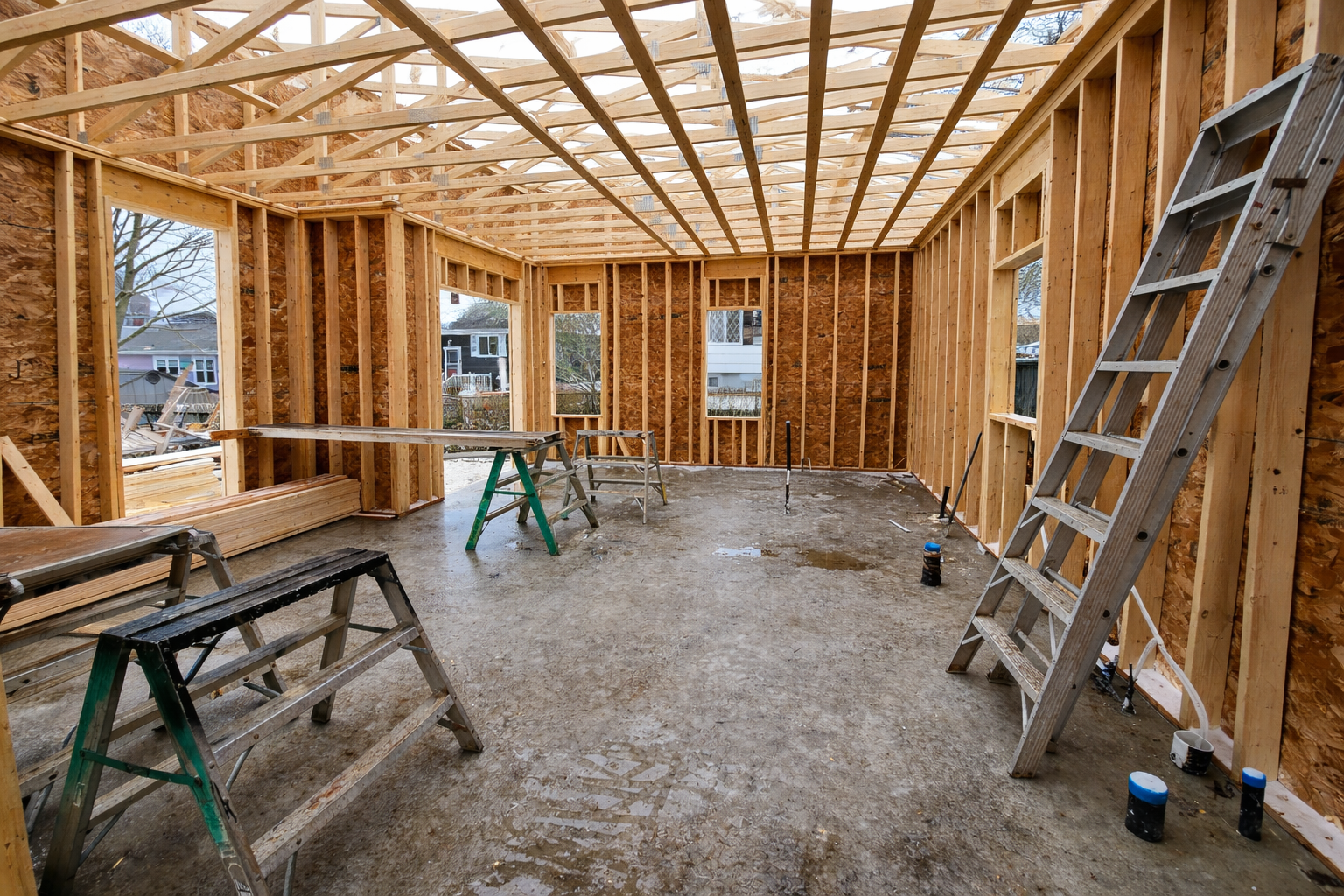 Framing stage of a backyard suite build